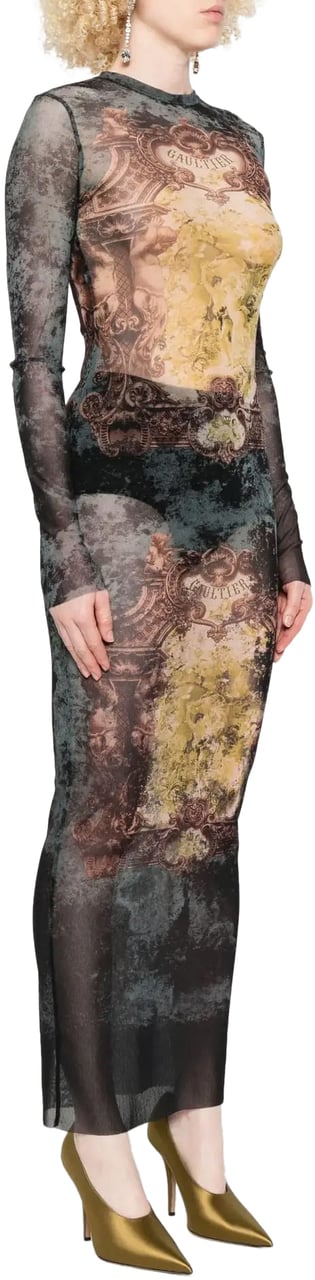 Jean Paul Gaultier Mesh Long Dress Printed "médaillon" Black/vintageblue/green Groen