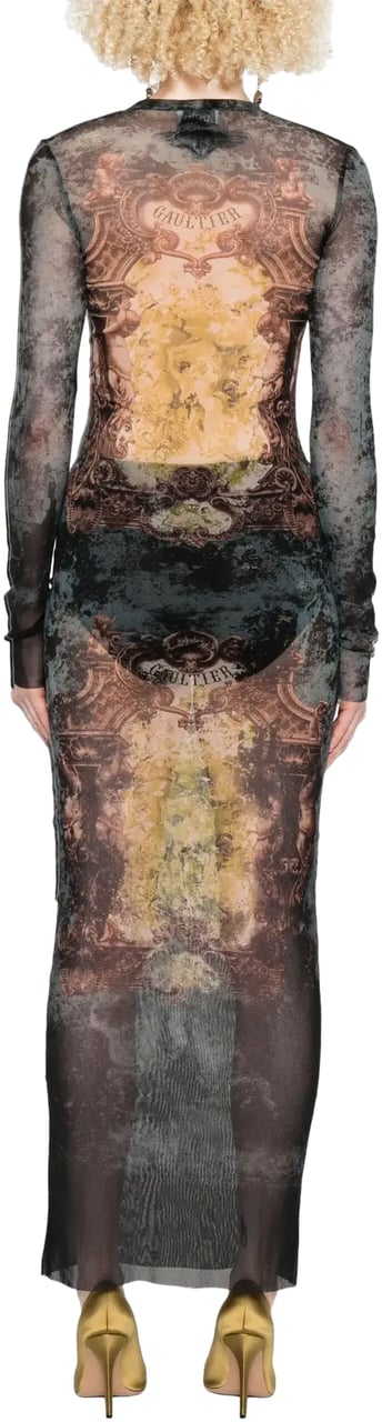 Jean Paul Gaultier Mesh Long Dress Printed "médaillon" Black/vintageblue/green Groen