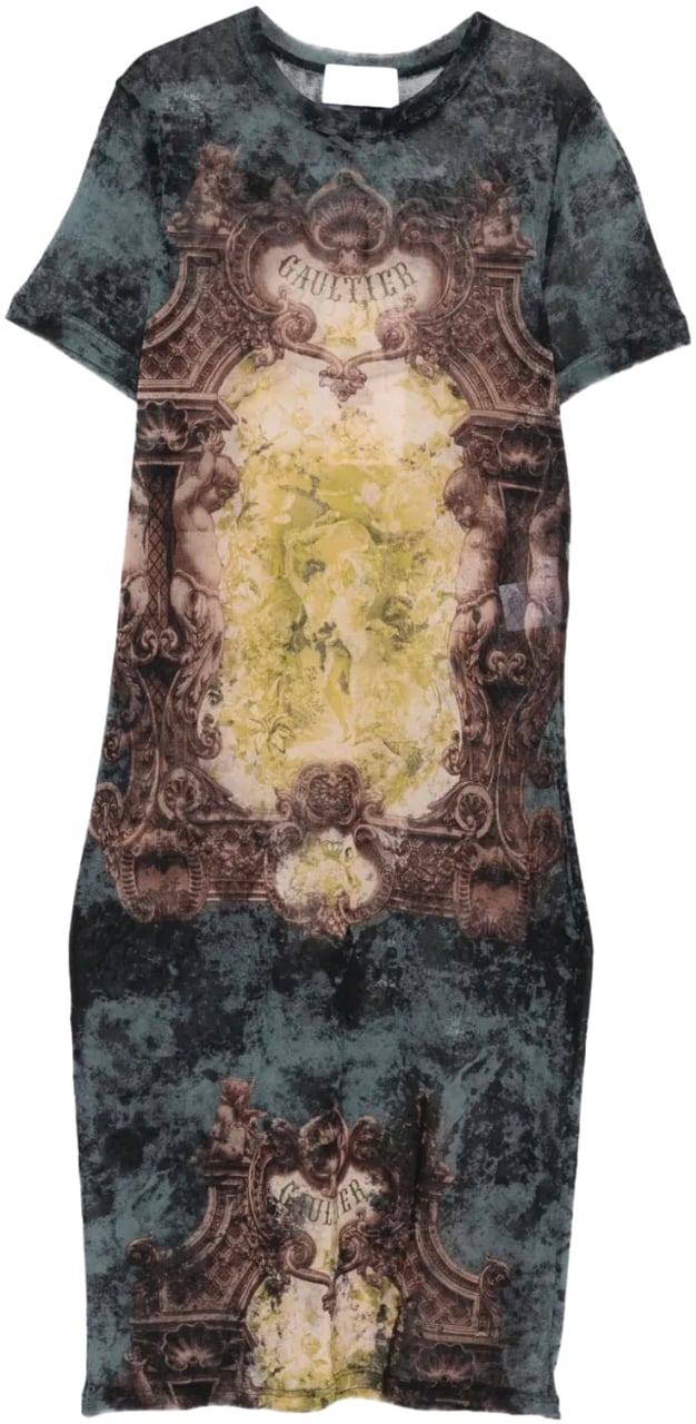 Jean Paul Gaultier Mesh Short Dress Printed "médaillon" Black/vintageblue/green Groen
