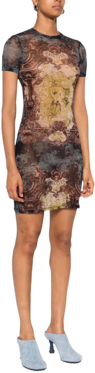 Jean Paul Gaultier Mesh Short Dress Printed "médaillon" Black/vintageblue/green Groen