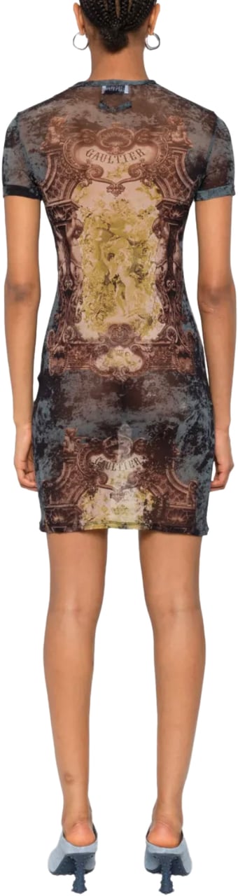 Jean Paul Gaultier Mesh Short Dress Printed "médaillon" Black/vintageblue/green Groen
