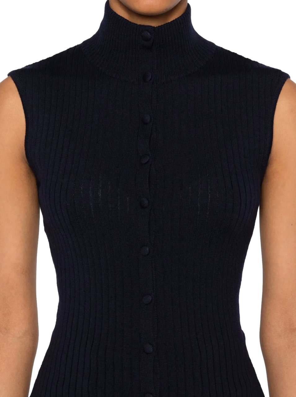 Jean Paul Gaultier Merino Wool Flat Rib Sleeveless Gilet With Lingerie Garter Navy Blauw
