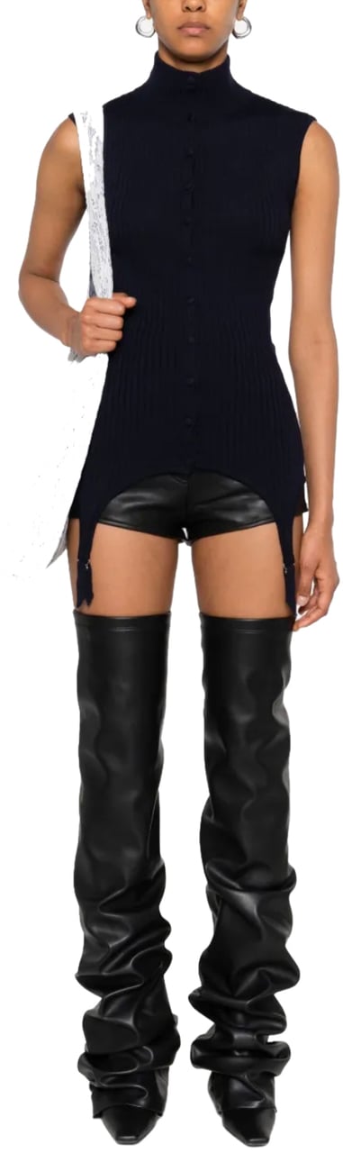 Jean Paul Gaultier Merino Wool Flat Rib Sleeveless Gilet With Lingerie Garter Navy Blauw