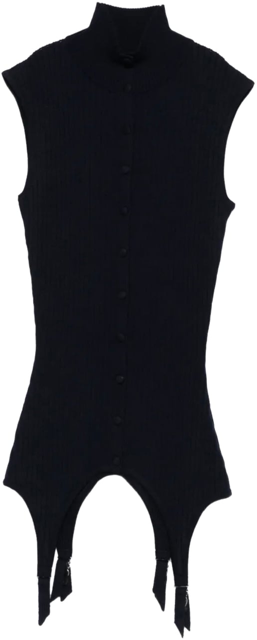 Jean Paul Gaultier Merino Wool Flat Rib Sleeveless Gilet With Lingerie Garter Navy Blauw