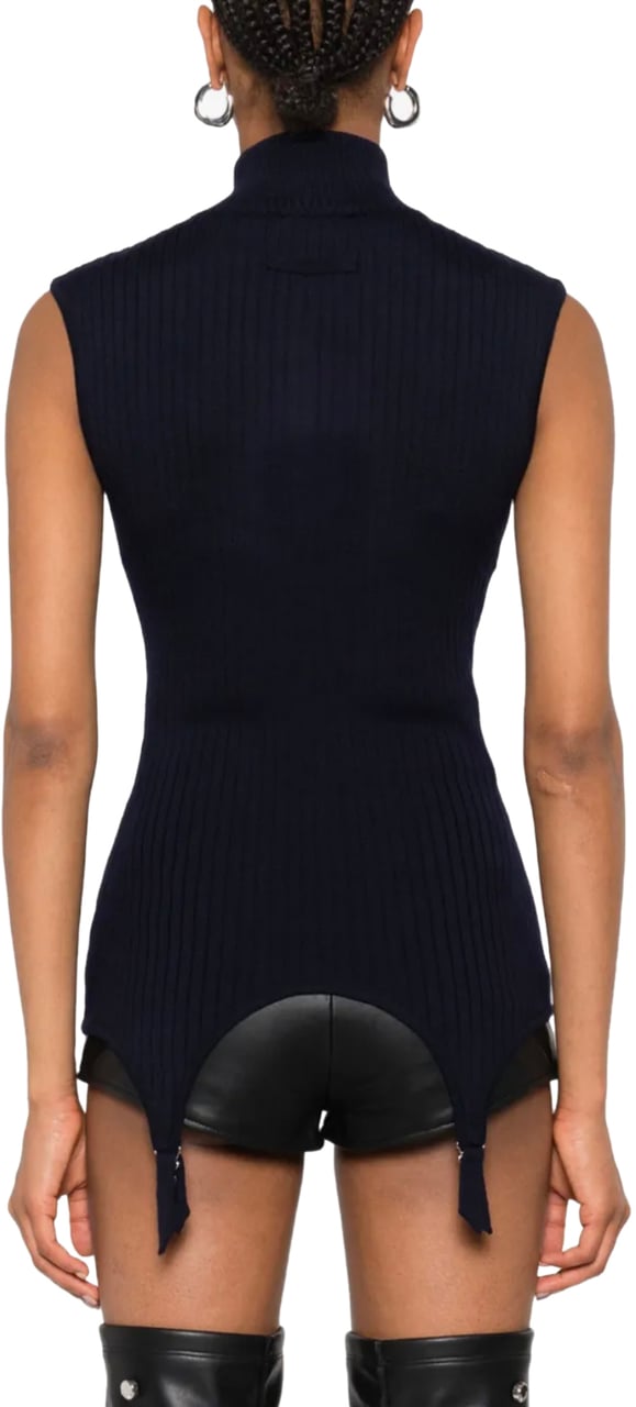Jean Paul Gaultier Merino Wool Flat Rib Sleeveless Gilet With Lingerie Garter Navy Blauw