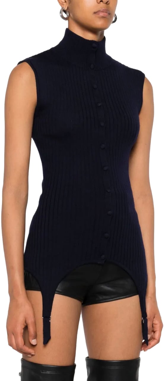 Jean Paul Gaultier Merino Wool Flat Rib Sleeveless Gilet With Lingerie Garter Navy Blauw