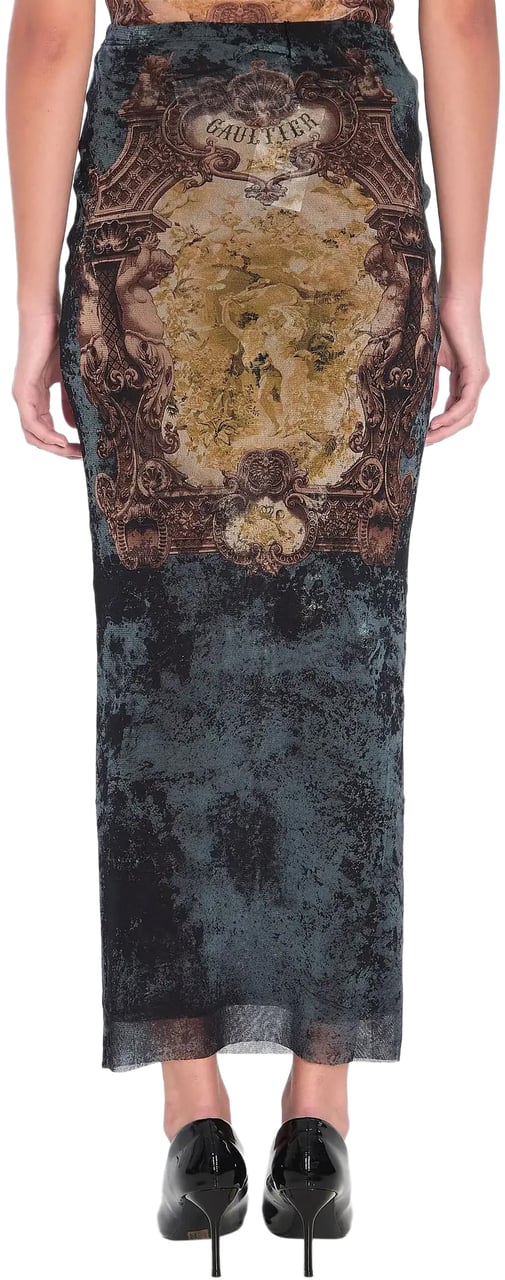 Jean Paul Gaultier Mesh Long Skirt Printed "médaillon" Black/vintageblue/green Groen