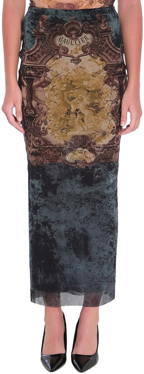 Jean Paul Gaultier Mesh Long Skirt Printed "médaillon" Black/vintageblue/green Groen