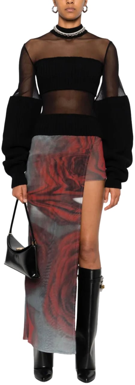 Jean Paul Gaultier Mesh Mini Short With Asymetric Skirt Printed "blurry Roses" White/grey/red Wit