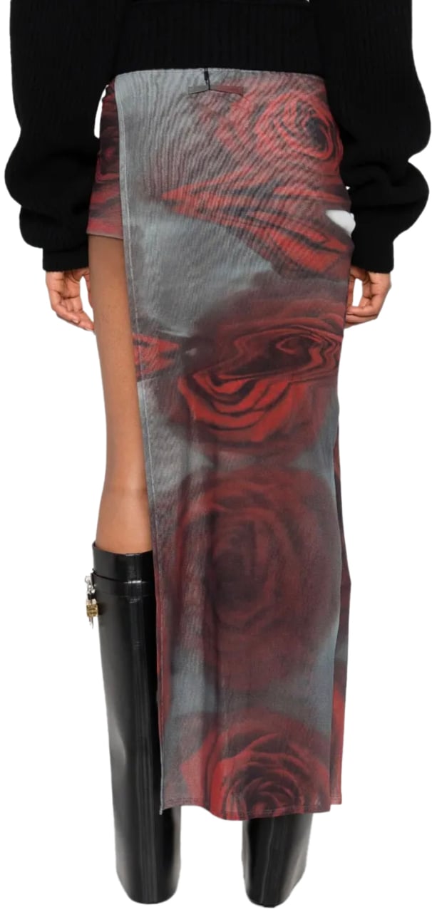 Jean Paul Gaultier Mesh Mini Short With Asymetric Skirt Printed "blurry Roses" White/grey/red Wit