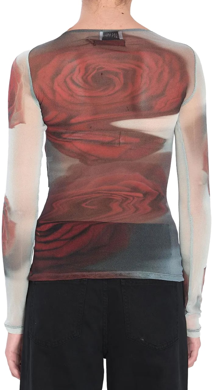 Jean Paul Gaultier Mesh Boat Neck Top With Long Sleeves Printed "blurry Roses" White/grey/red Wit
