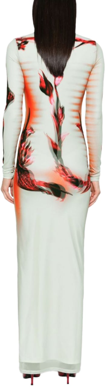Jean Paul Gaultier Mesh And Stretch Jersey Double Layered Long Sleeves Dress Printed Mint/palepink/red Divers
