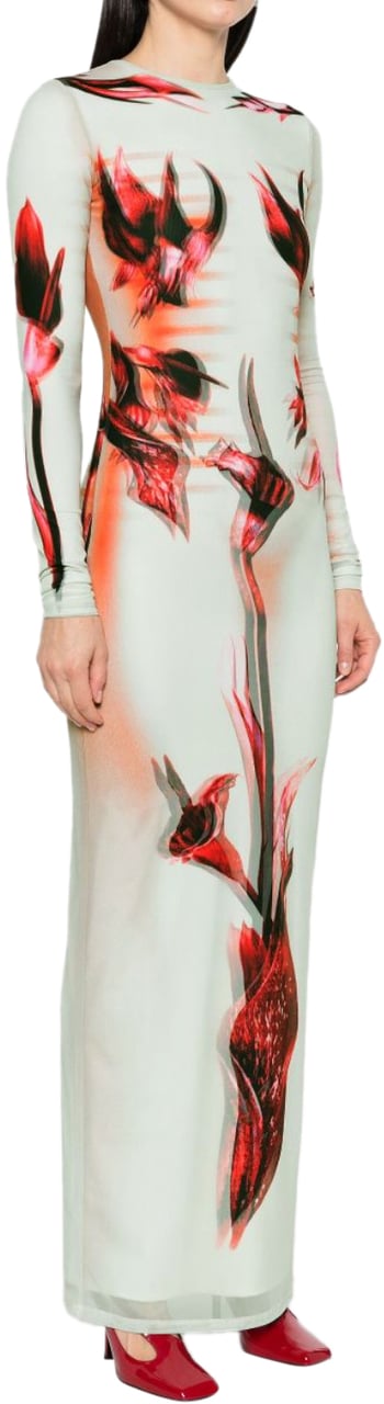 Jean Paul Gaultier Mesh And Stretch Jersey Double Layered Long Sleeves Dress Printed Mint/palepink/red Divers