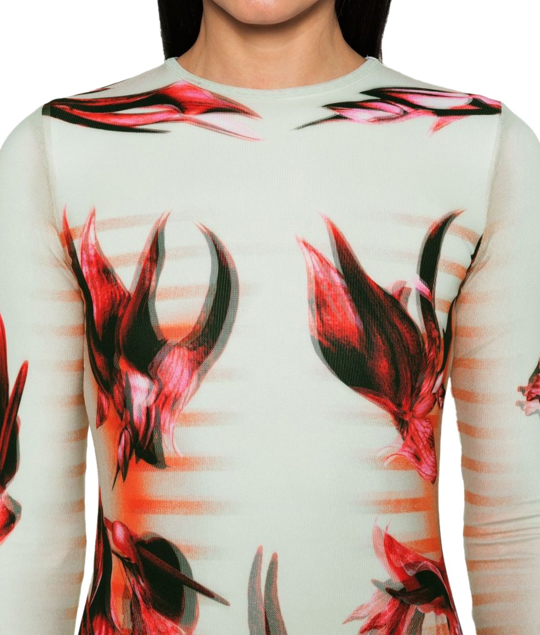 Jean Paul Gaultier Mesh And Stretch Jersey Double Layered Long Sleeves Dress Printed Mint/palepink/red Divers