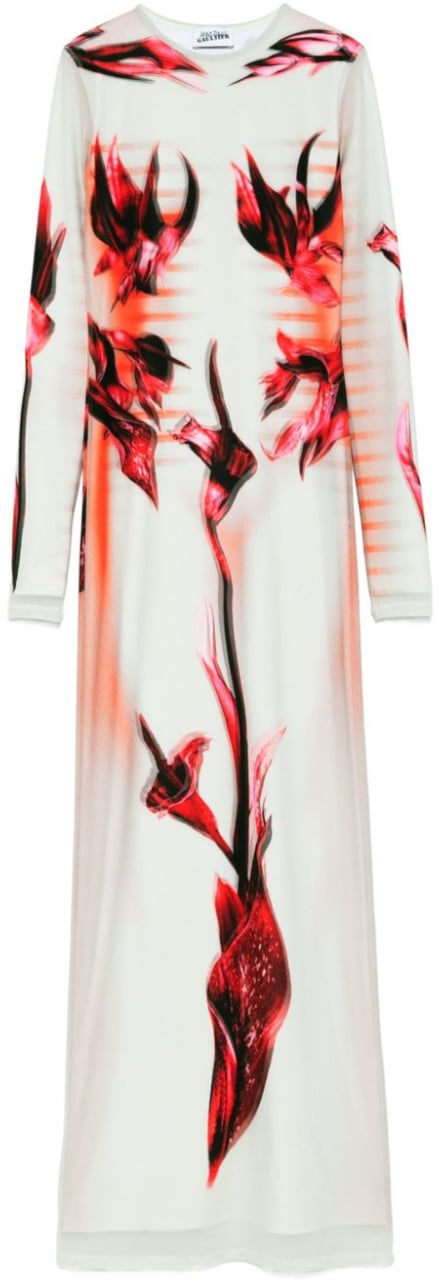 Jean Paul Gaultier Mesh And Stretch Jersey Double Layered Long Sleeves Dress Printed Mint/palepink/red Divers
