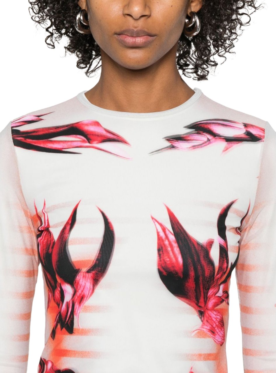 Jean Paul Gaultier Mesh And Stretch Jersey Double Layered Long Sleeves Top Printed Mint/palepink/red Divers