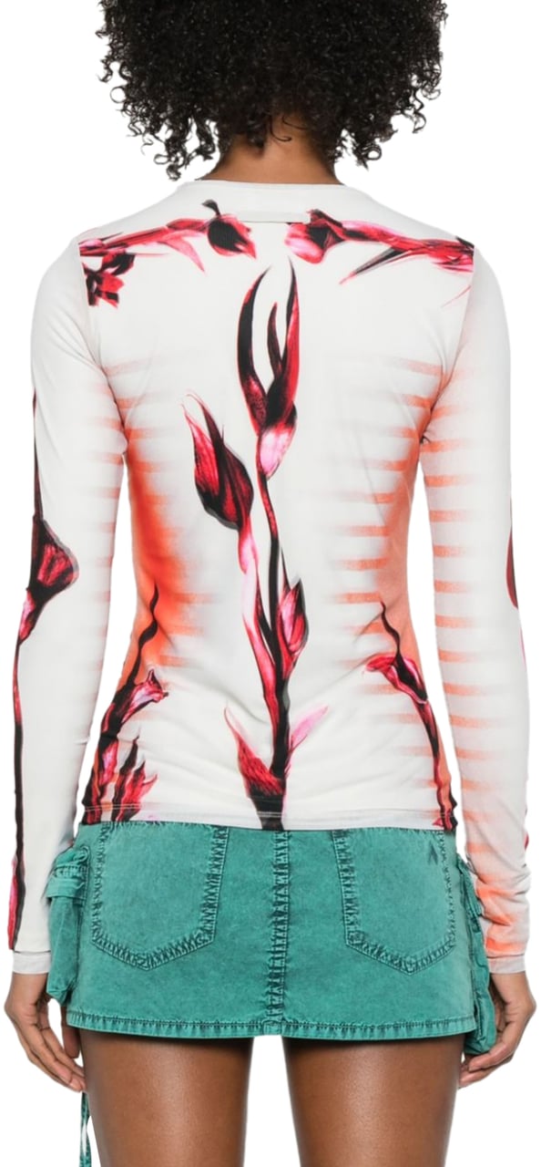 Jean Paul Gaultier Mesh And Stretch Jersey Double Layered Long Sleeves Top Printed Mint/palepink/red Divers