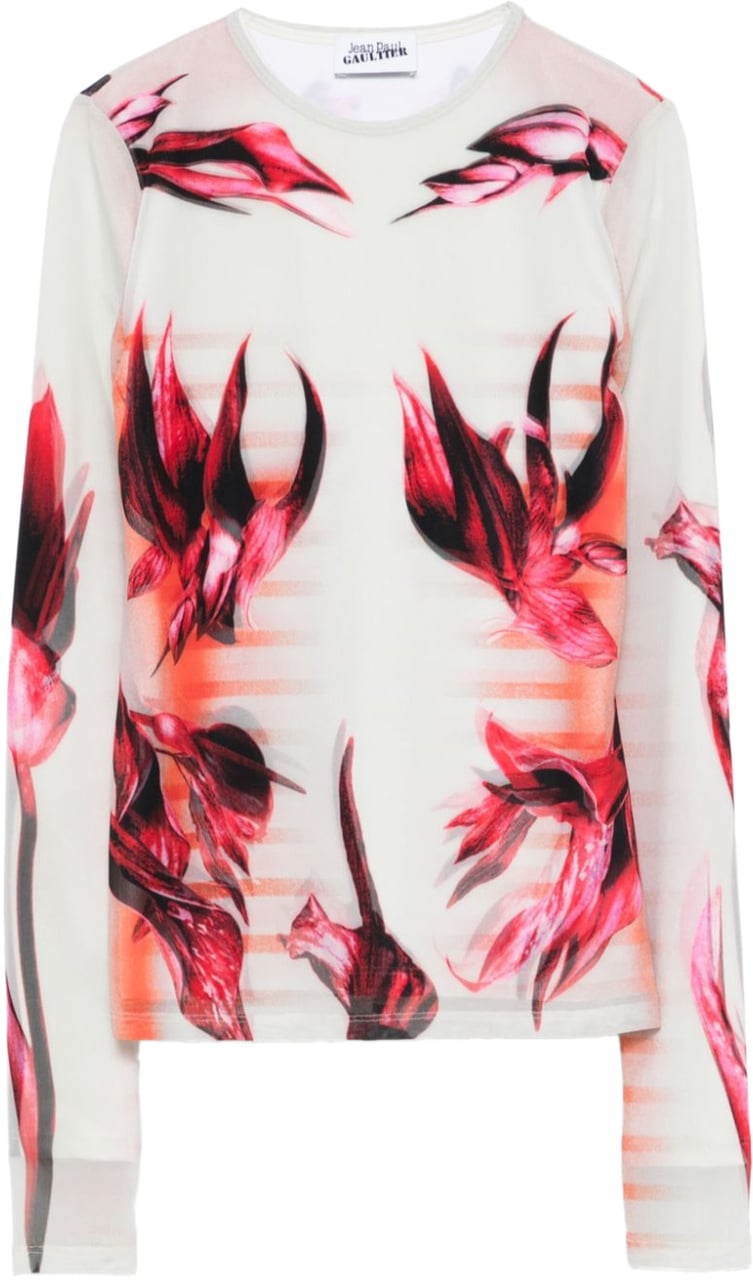 Jean Paul Gaultier Mesh And Stretch Jersey Double Layered Long Sleeves Top Printed Mint/palepink/red Divers