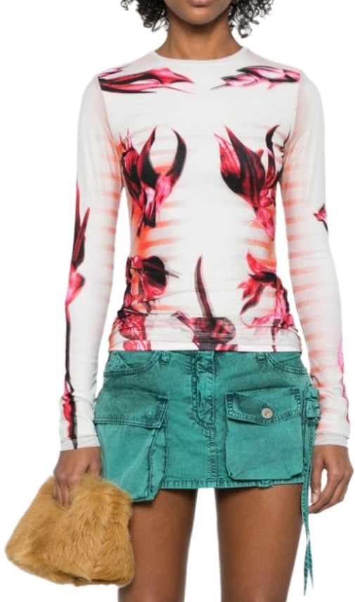 Jean Paul Gaultier Mesh And Stretch Jersey Double Layered Long Sleeves Top Printed Mint/palepink/red Divers