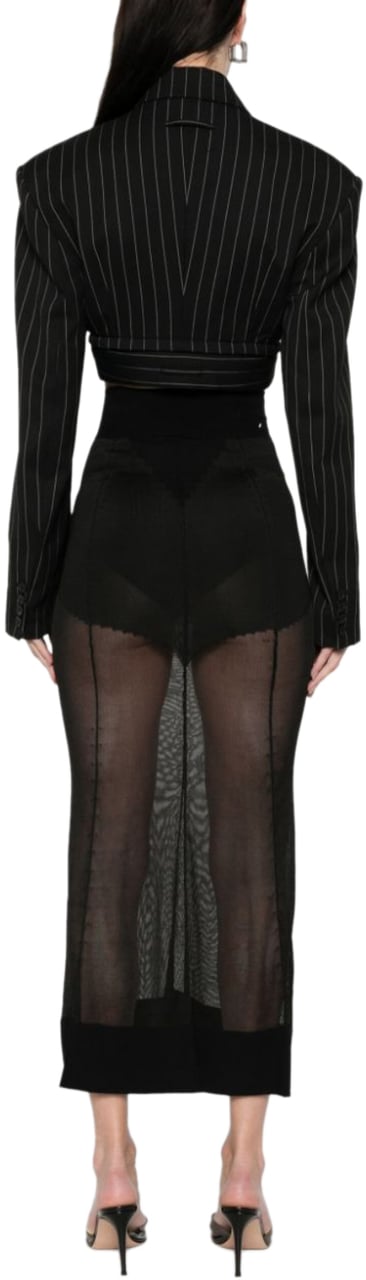 Jean Paul Gaultier Pinstripe Wool Cropped Tailored Jacket With Zip Off Belt Black/white Wit
