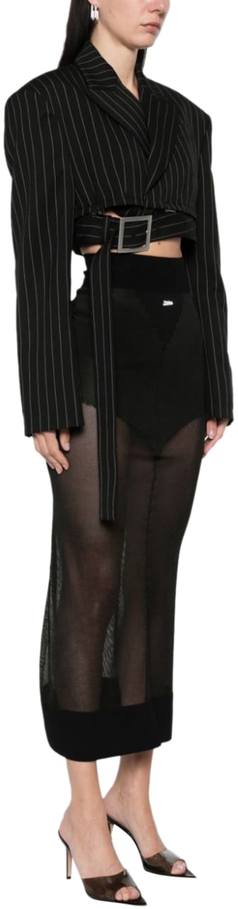 Jean Paul Gaultier Pinstripe Wool Cropped Tailored Jacket With Zip Off Belt Black/white Wit