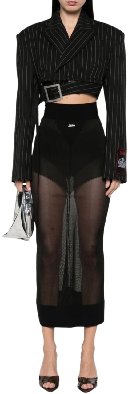 Jean Paul Gaultier Pinstripe Wool Cropped Tailored Jacket With Zip Off Belt Black/white Wit