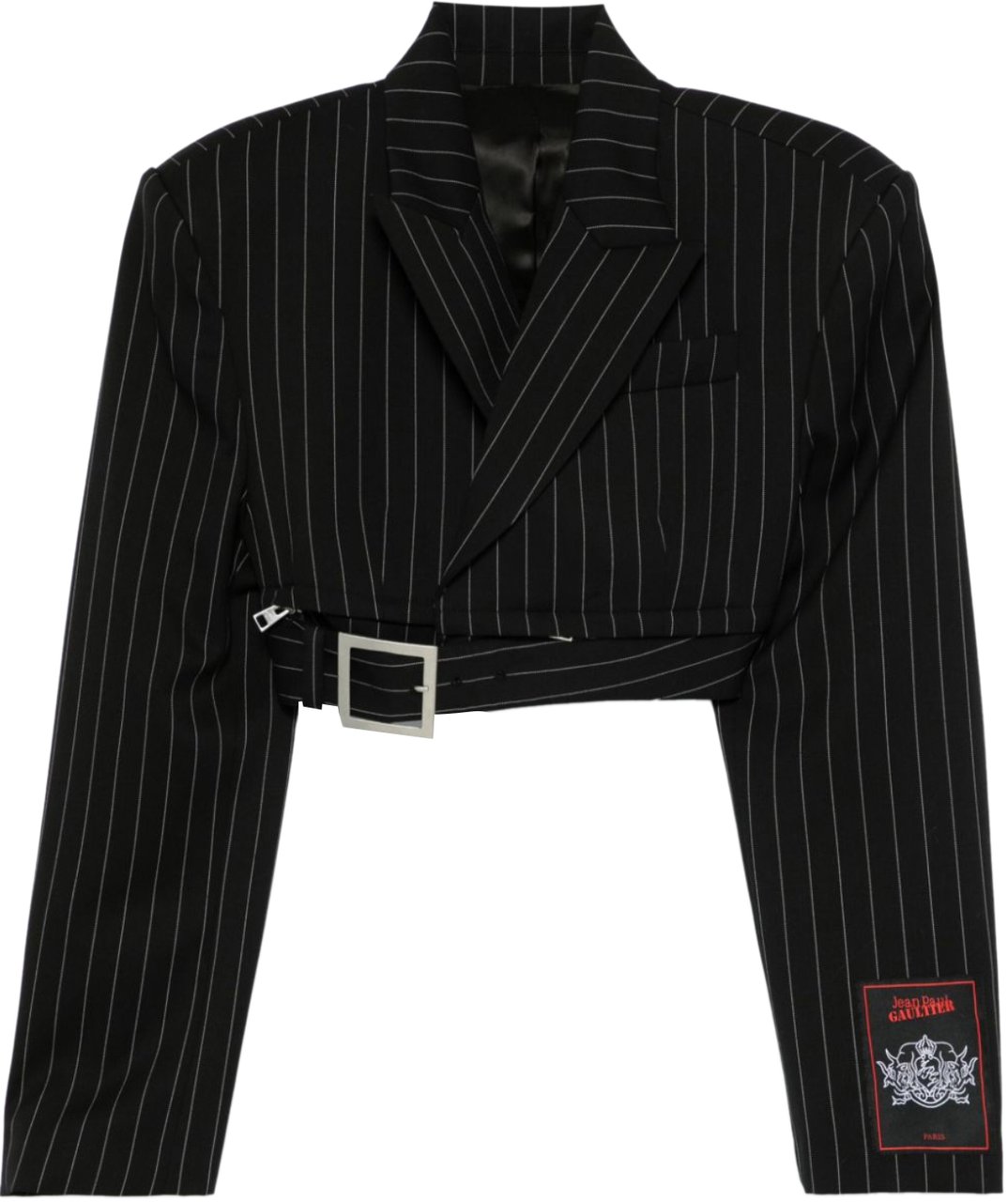 Jean Paul Gaultier Pinstripe Wool Cropped Tailored Jacket With Zip Off Belt Black/white Wit