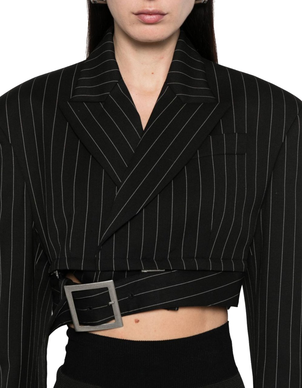 Jean Paul Gaultier Pinstripe Wool Cropped Tailored Jacket With Zip Off Belt Black/white Wit