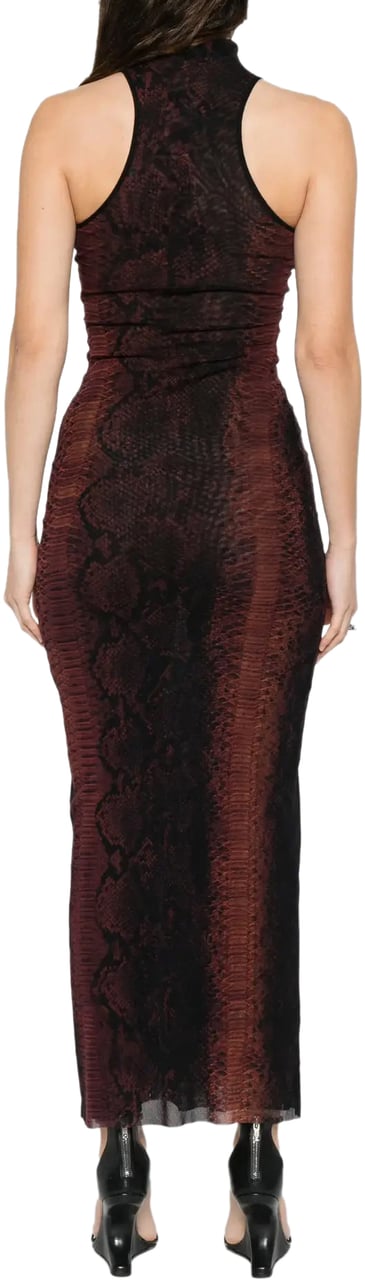 Jean Paul Gaultier Mesh High Neck Long Dress Printed Python Brown/black Zwart
