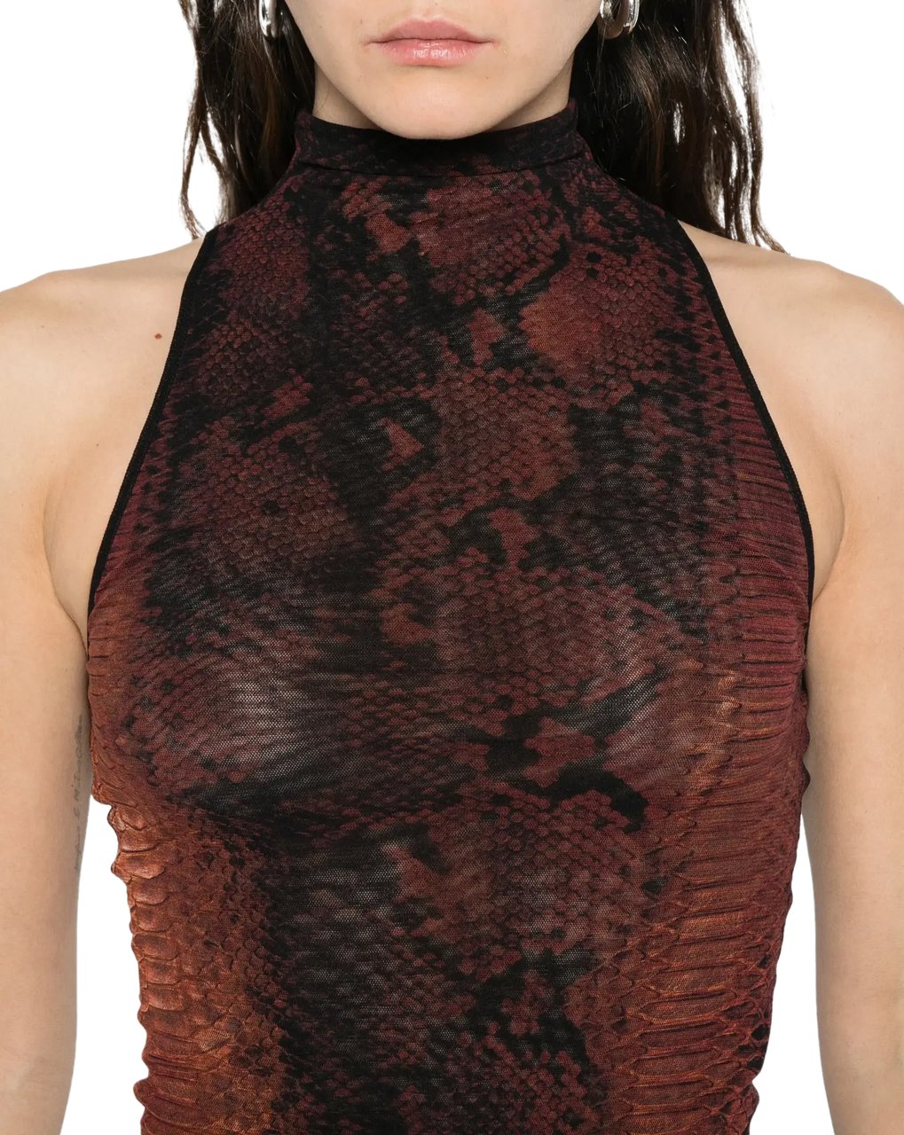 Jean Paul Gaultier Mesh High Neck Long Dress Printed Python Brown/black Zwart