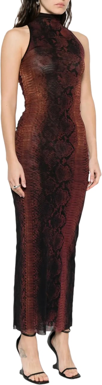 Jean Paul Gaultier Mesh High Neck Long Dress Printed Python Brown/black Zwart