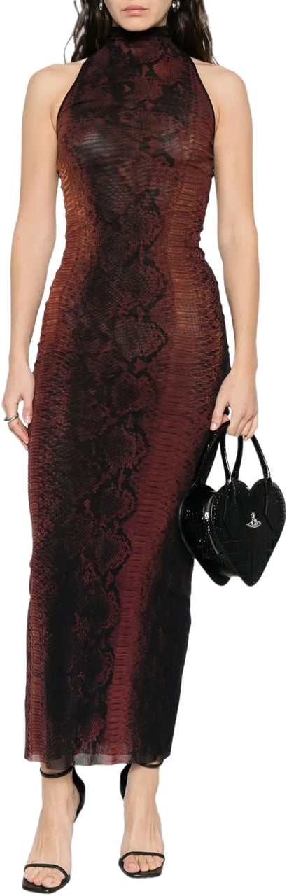 Jean Paul Gaultier Mesh High Neck Long Dress Printed Python Brown/black Zwart
