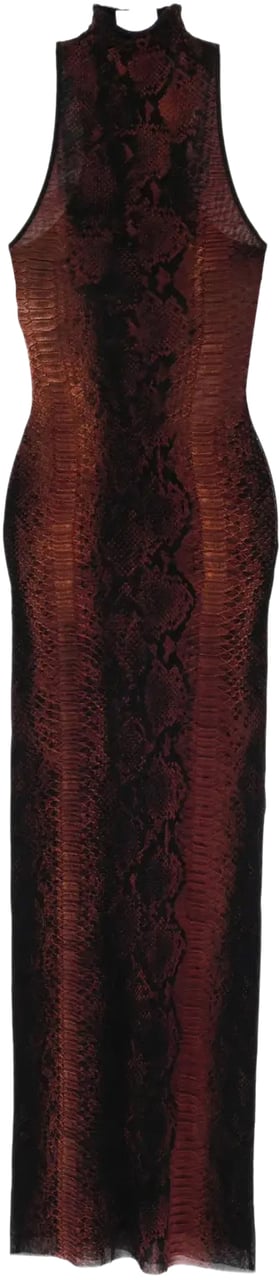 Jean Paul Gaultier Mesh High Neck Long Dress Printed Python Brown/black Zwart