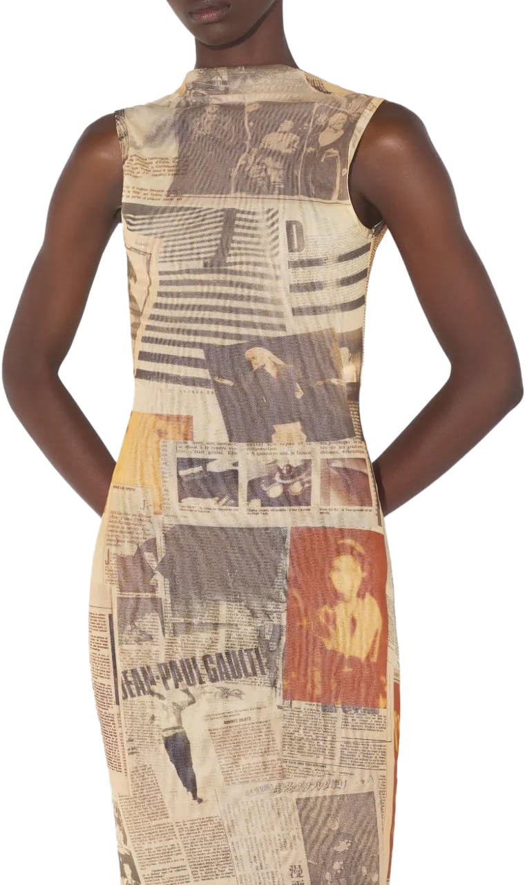 Jean Paul Gaultier Mesh High Neck Open Back Long Dress Printed Journal Ecru/lightgrey/red Grijs