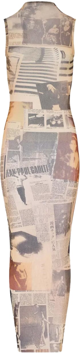 Jean Paul Gaultier Mesh High Neck Open Back Long Dress Printed Journal Ecru/lightgrey/red Grijs