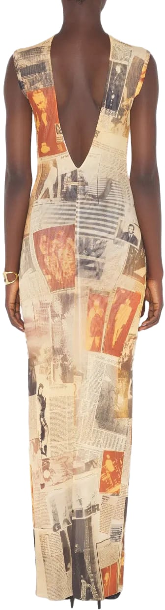 Jean Paul Gaultier Mesh High Neck Open Back Long Dress Printed Journal Ecru/lightgrey/red Grijs
