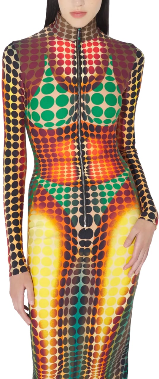 Jean Paul Gaultier Re-edition Long Dress High Neck With Long Sleeves And Center Front Zip Closing Orange/blue/brown Blauw