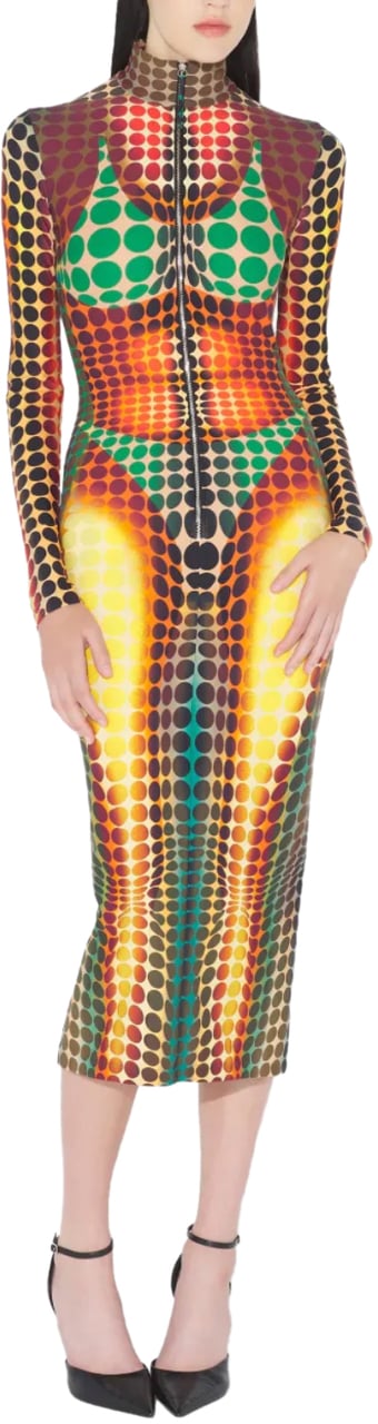 Jean Paul Gaultier Re-edition Long Dress High Neck With Long Sleeves And Center Front Zip Closing Orange/blue/brown Blauw