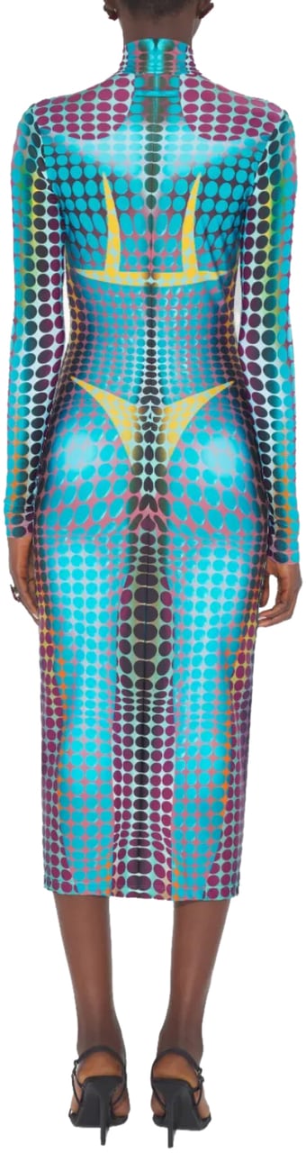 Jean Paul Gaultier Re-edition Long Dress High Neck With Long Sleeves And Center Front Zip Closing Blue/purple/yellow Geel