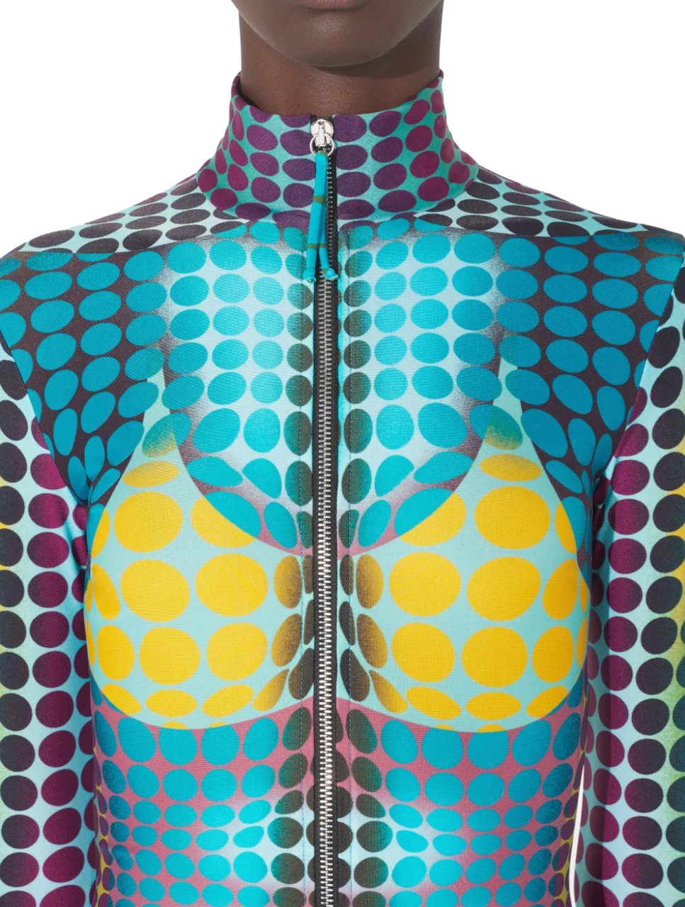 Jean Paul Gaultier Re-edition Long Dress High Neck With Long Sleeves And Center Front Zip Closing Blue/purple/yellow Geel