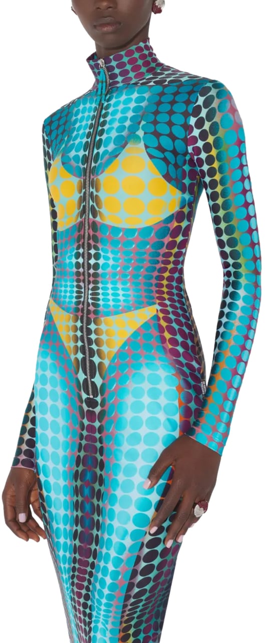Jean Paul Gaultier Re-edition Long Dress High Neck With Long Sleeves And Center Front Zip Closing Blue/purple/yellow Geel