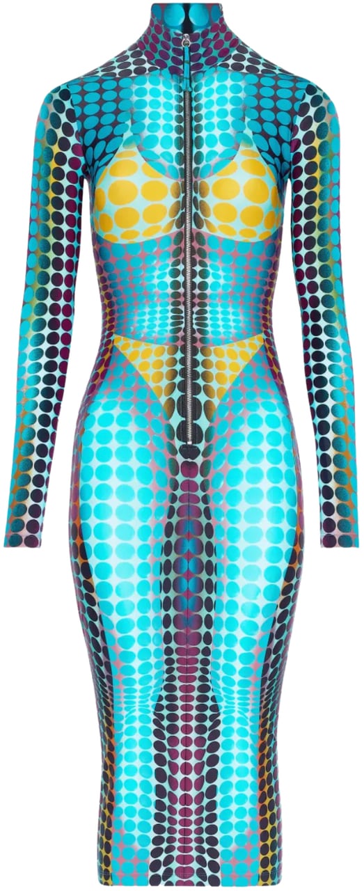 Jean Paul Gaultier Re-edition Long Dress High Neck With Long Sleeves And Center Front Zip Closing Blue/purple/yellow Geel