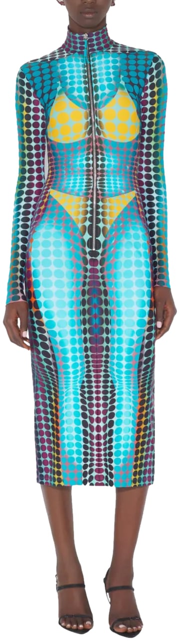 Jean Paul Gaultier Re-edition Long Dress High Neck With Long Sleeves And Center Front Zip Closing Blue/purple/yellow Geel
