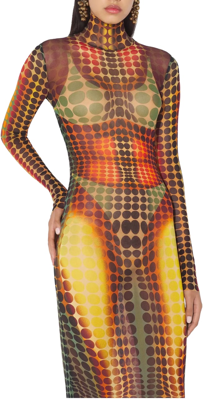 Jean Paul Gaultier Re-edition Long Dress High Neck With Long Sleeves Orange/blue/brown Blauw