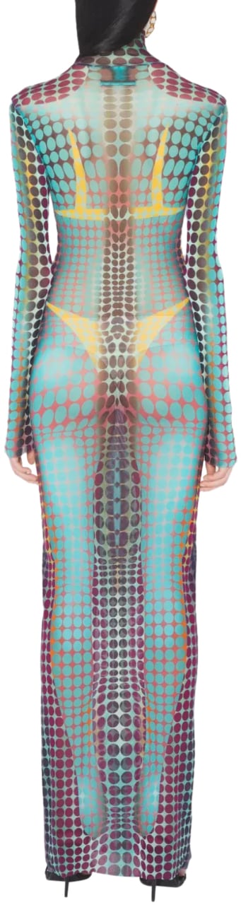 Jean Paul Gaultier Re-edition Long Dress High Neck With Long Sleeves Blue/purple/yellow Geel