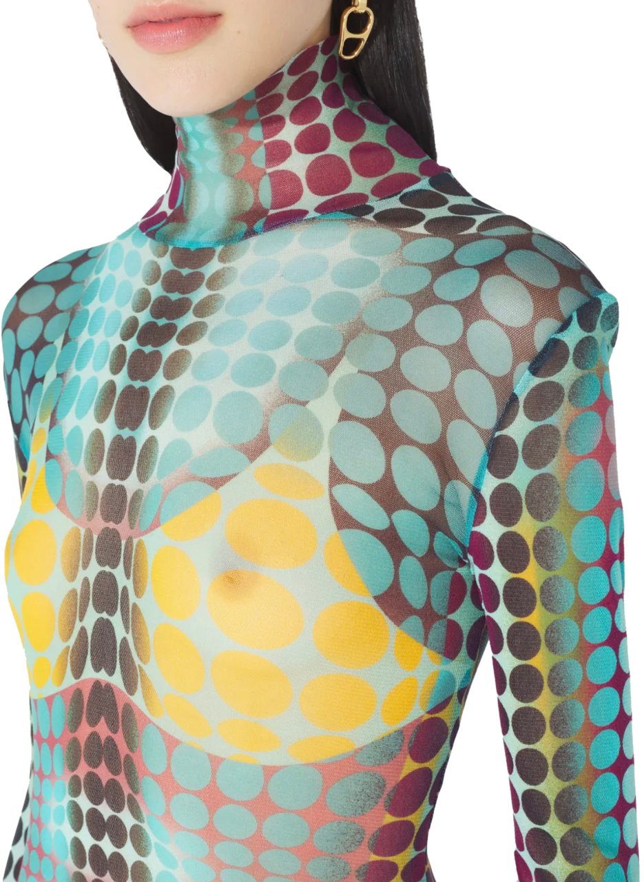 Jean Paul Gaultier Re-edition Long Dress High Neck With Long Sleeves Blue/purple/yellow Geel