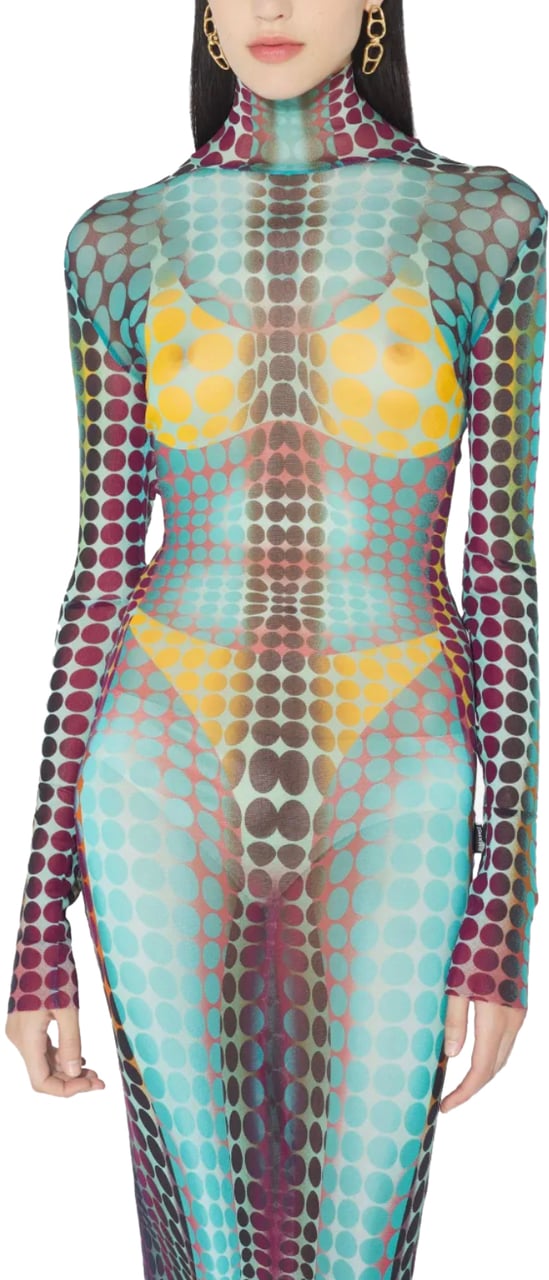 Jean Paul Gaultier Re-edition Long Dress High Neck With Long Sleeves Blue/purple/yellow Geel