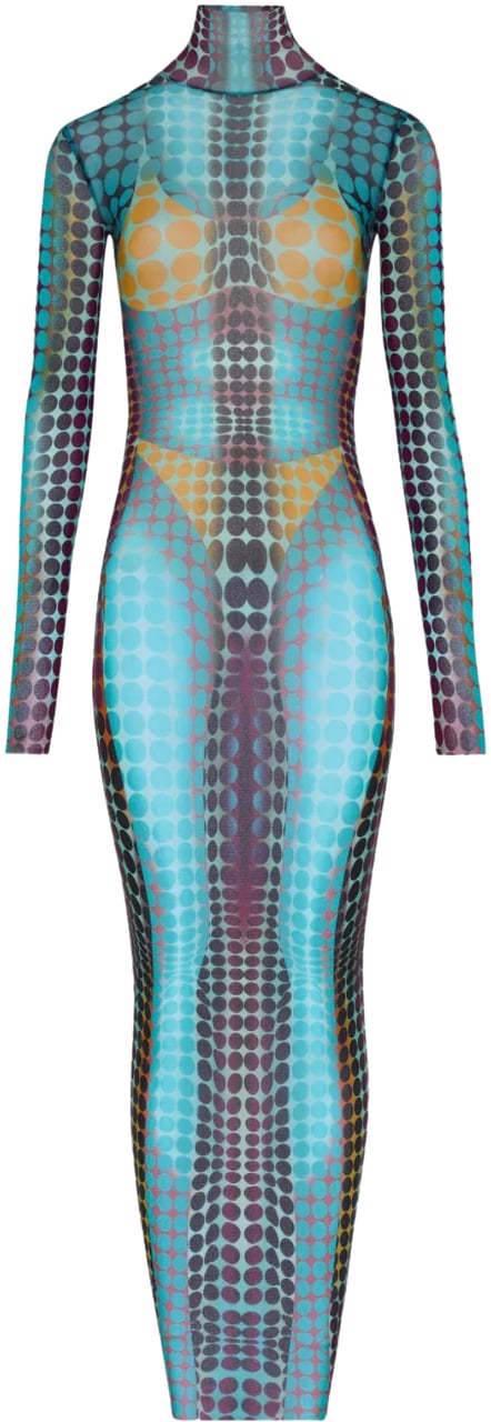 Jean Paul Gaultier Re-edition Long Dress High Neck With Long Sleeves Blue/purple/yellow Geel
