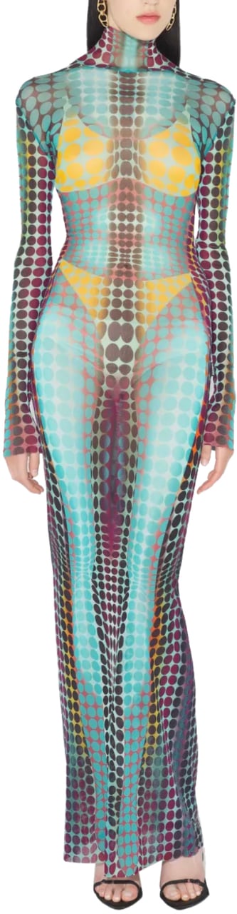 Jean Paul Gaultier Re-edition Long Dress High Neck With Long Sleeves Blue/purple/yellow Geel