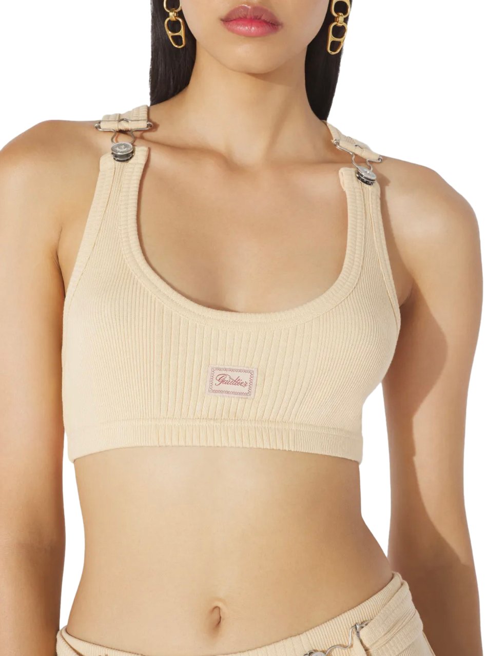 Jean Paul Gaultier Cotton Ribbed Bra With Gaultier Patch And Overall Buckles Nude Divers